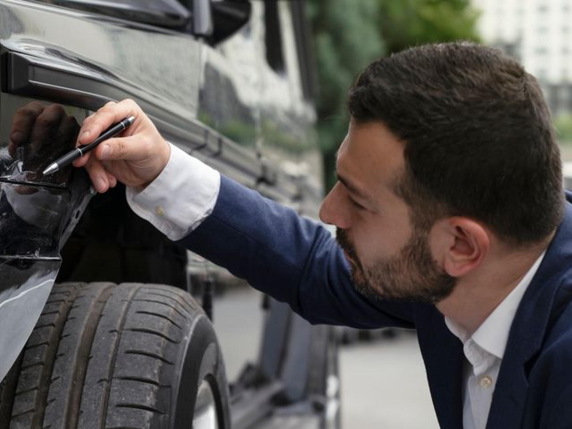 a man in a suit looking at a wheel well, trying to diagnose an issue